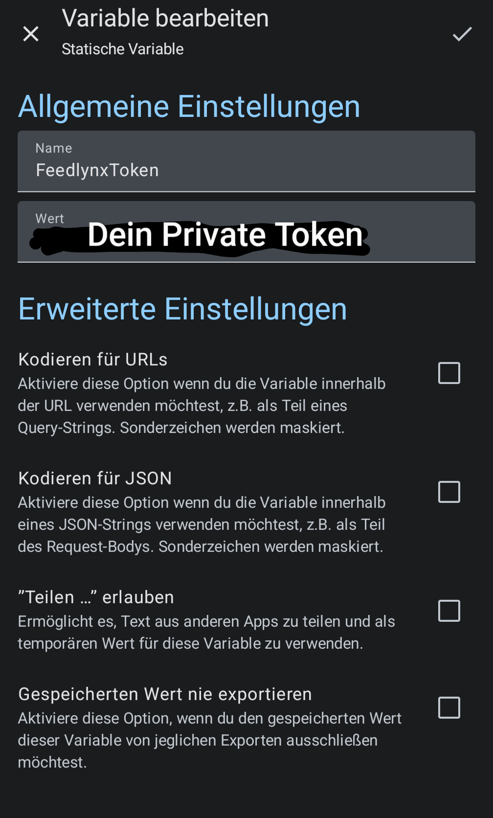 HTTP Shortcut mit Einstellungen