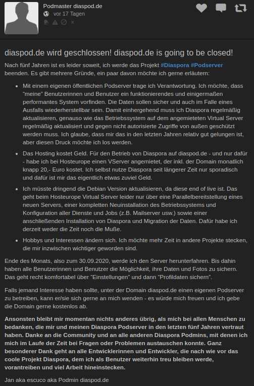 Diaspora Podserver diaspod.de geschlossen
