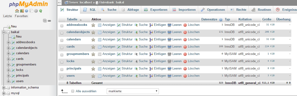 phpMyAdmin zum Erstellen der Baikal-Datenbank und des Datenbankbenutzers (Baikal hat hier bereits die Tabellen angelegt)