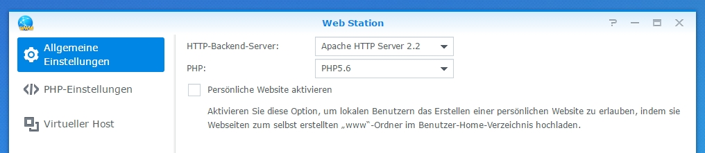 Einstellungen Synology DSM Webstation