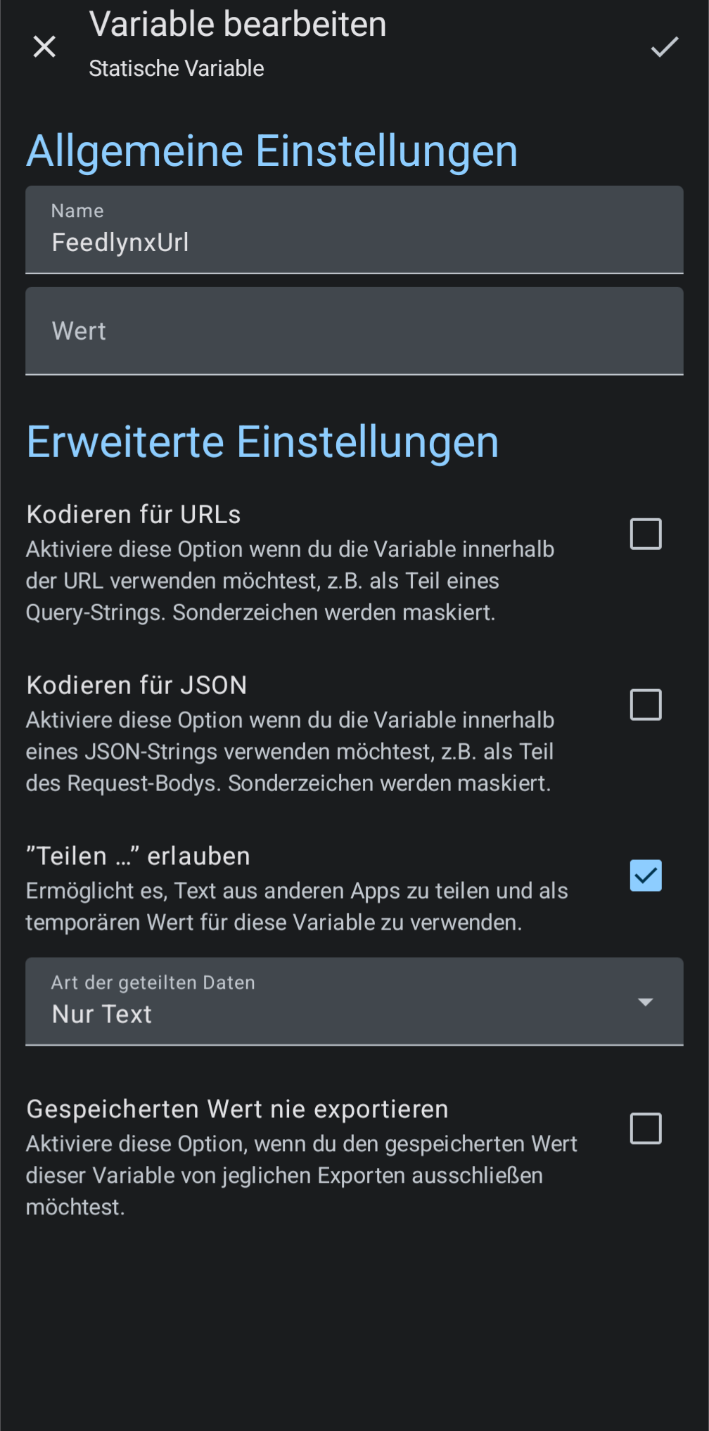 HTTP Shortcut mit Einstellungen